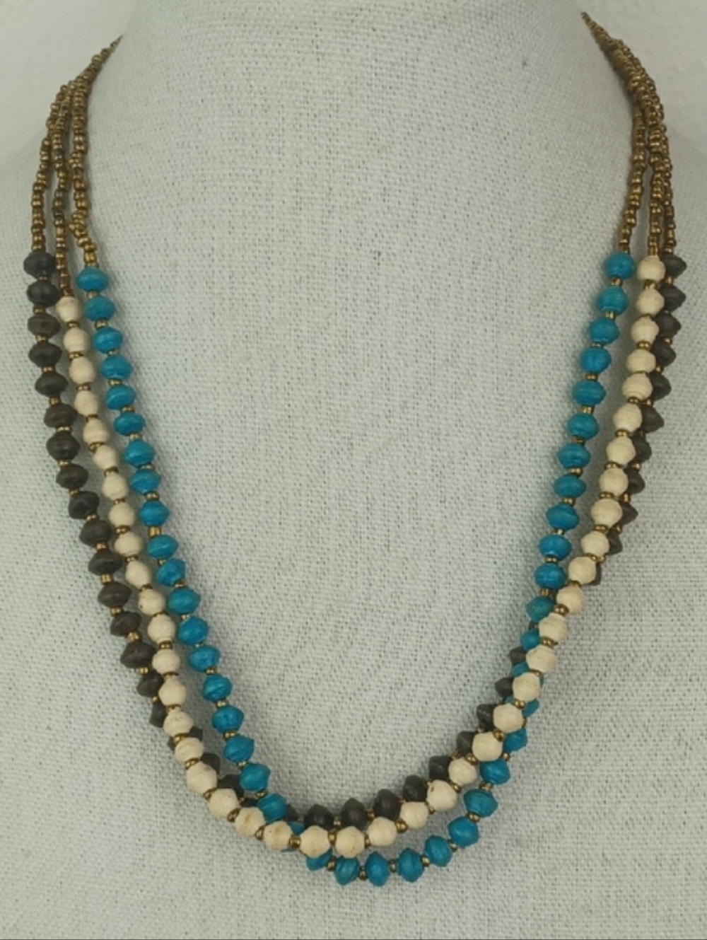 Teng Yue Triple-Layer Turquoise, Cream & Brown Beaded Copper Seed Bead Necklace